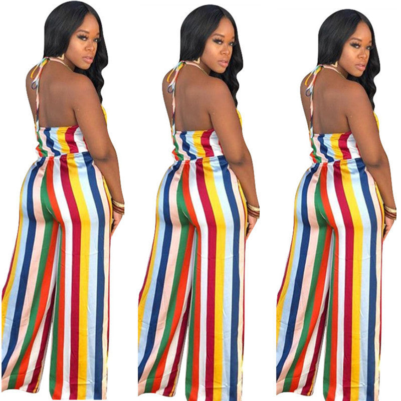 Rainbow Striped Print Sleeveless Women's Backless Jumpsuit