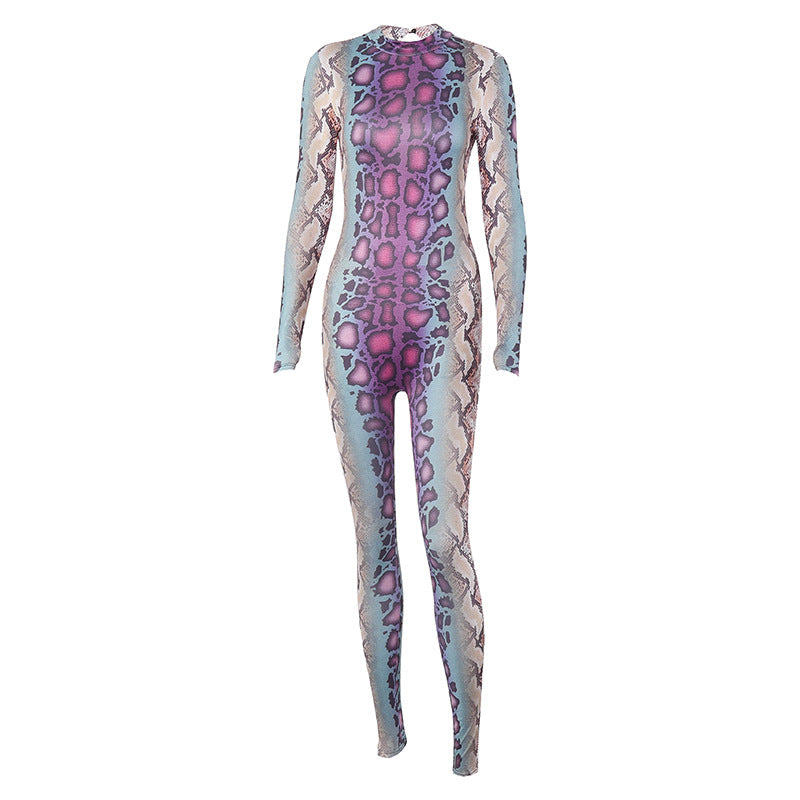 Snake Leopard Pattern Long Sleeve Skin Tight Bodycon Jumpsuit