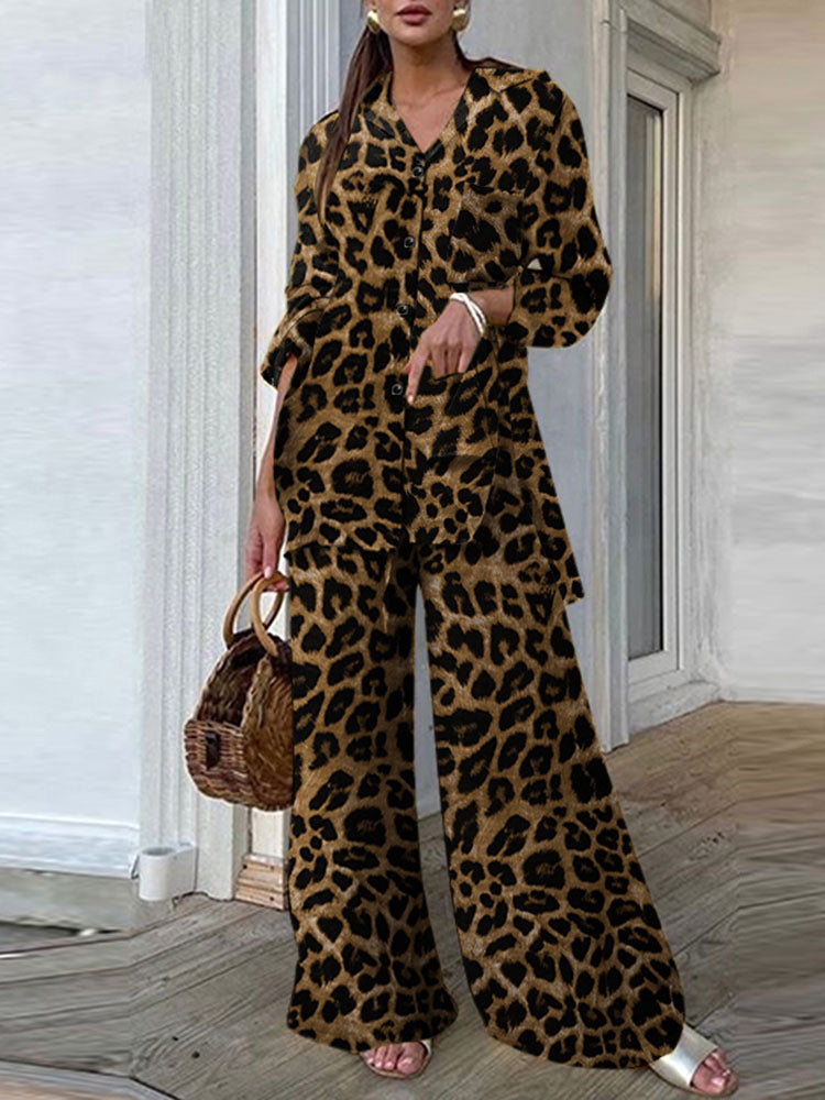 Leopard/Solid Turn-Down Collar Long Sleeve Button-Up Maxi Blouse + Wide Leg Pants Women's 2-Piece Office Set to 5X Plus Size