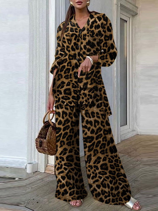 Leopard/Solid Turn-Down Collar Long Sleeve Button-Up Maxi Blouse + Wide Leg Pants Women's 2-Piece Office Set to 5X Plus Size