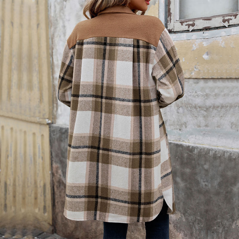 Brushed Plaid Long Sleeve Pocket Detail Turn-Down Collar Women's Maxi Jacket