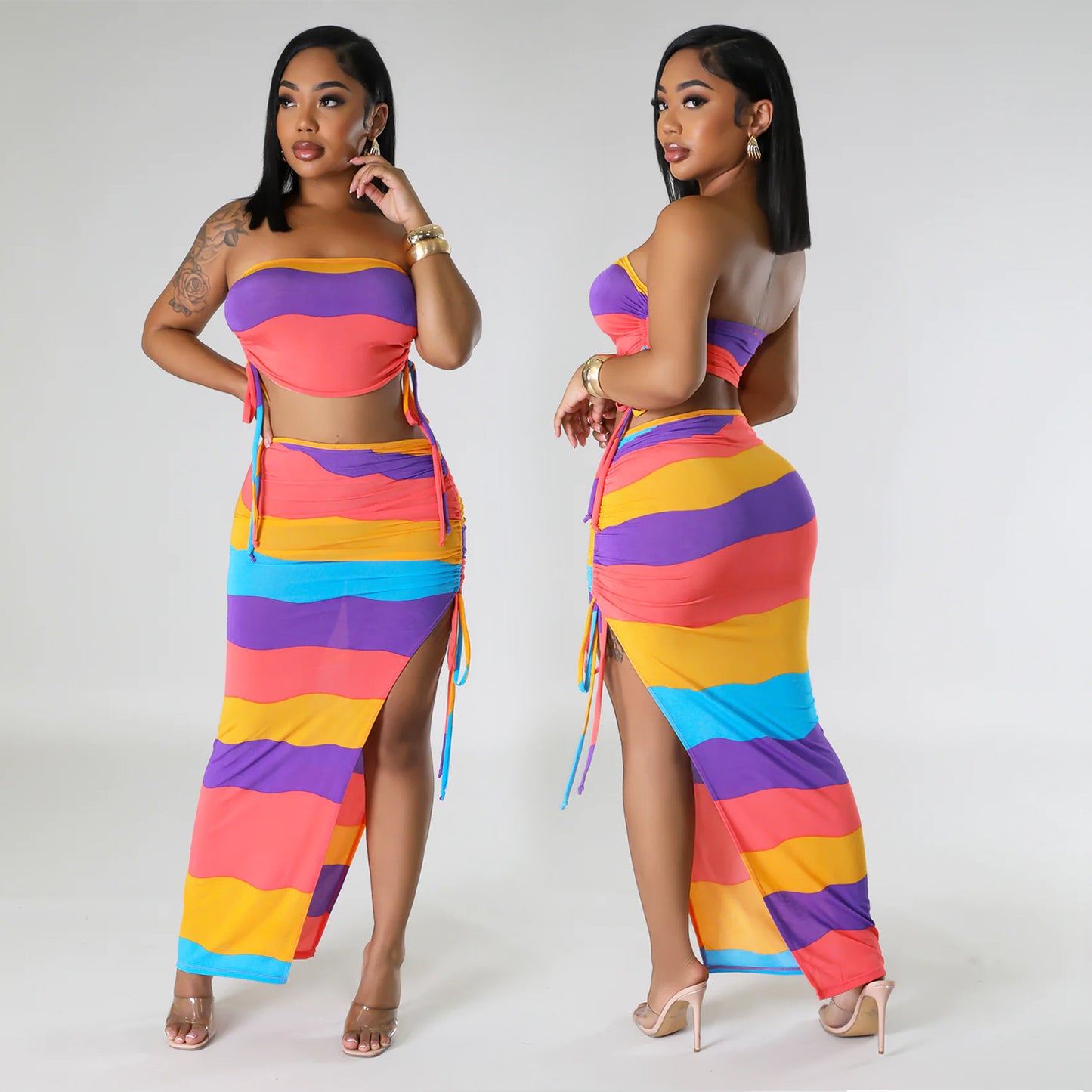 Pastel Rainbow Striped Drawstring Women's Tube Top + Maxi High Slit Skirt 2-Piece Set