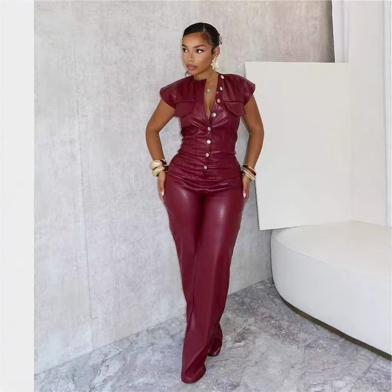 Burgundy PU Leather Women's Sleeveless Button-Up Jumpsuit