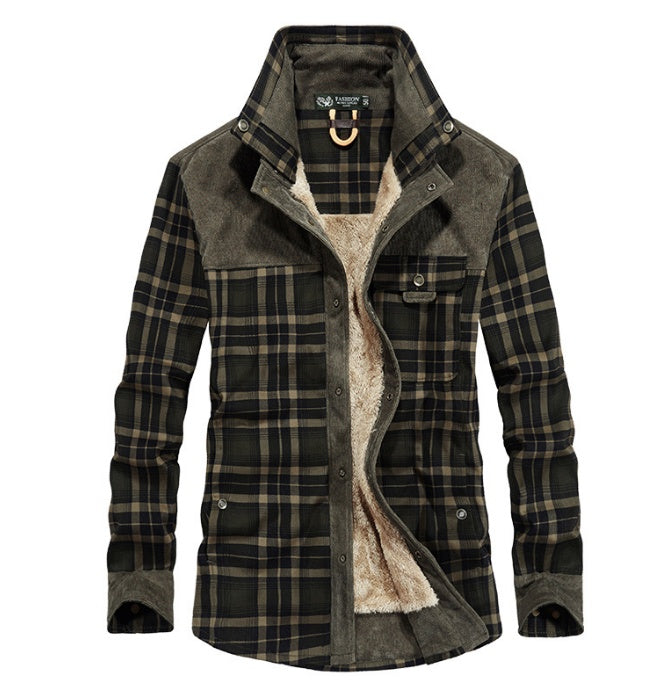 Men's Plaid Colorblock Fleece Lined Pure Cotton Button-Up Jacket