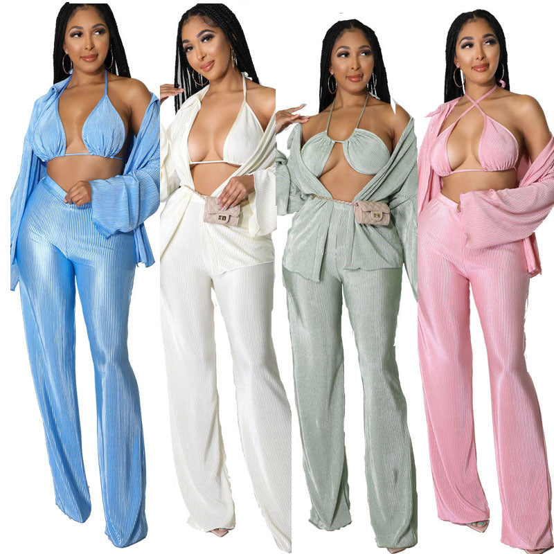 Solid Color Long Sleeve Women's Blouse + Matching Bra + Loose Pants 3-Piece Set to 5X Plus Size