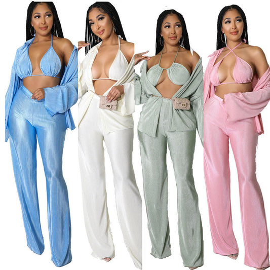 Solid Color Long Sleeve Women's Blouse + Matching Bra + Loose Pants 3-Piece Set to 5X Plus Size