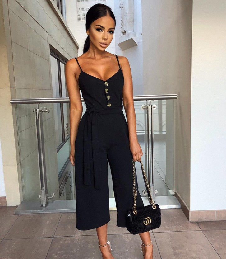 Sleeveless Halter Spaghetti Strap Solid Color Button-Up Capri Pants Romper