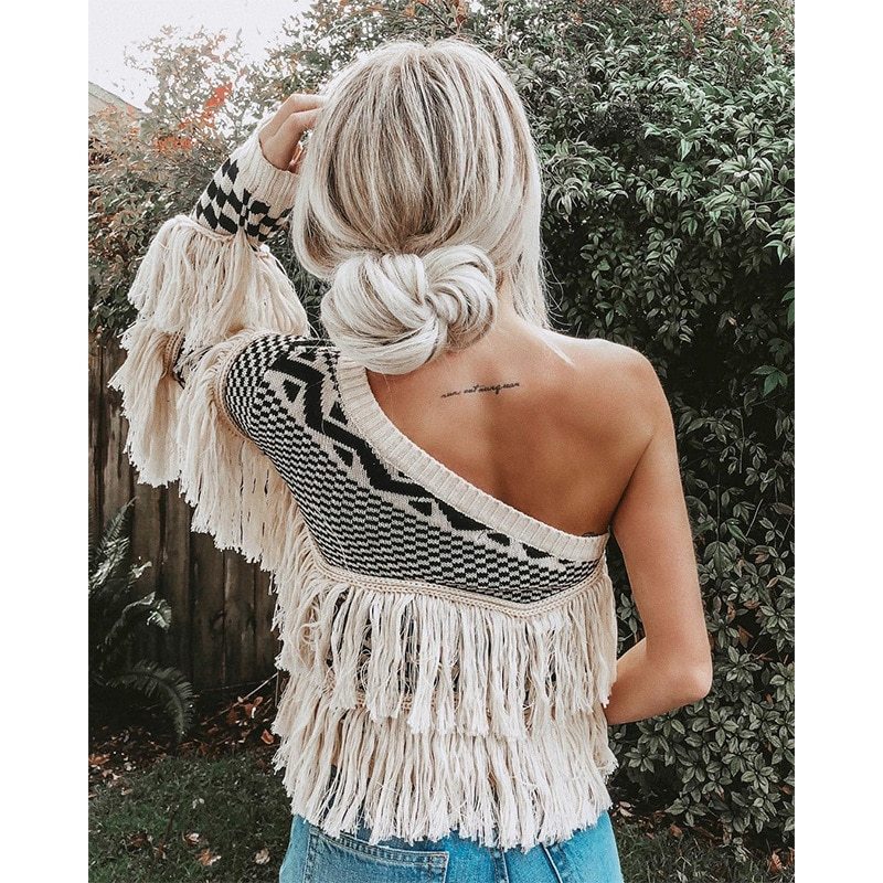 Tassel Fringe Detail Asymmetrical Oblique One Shoulder Women's Sweater