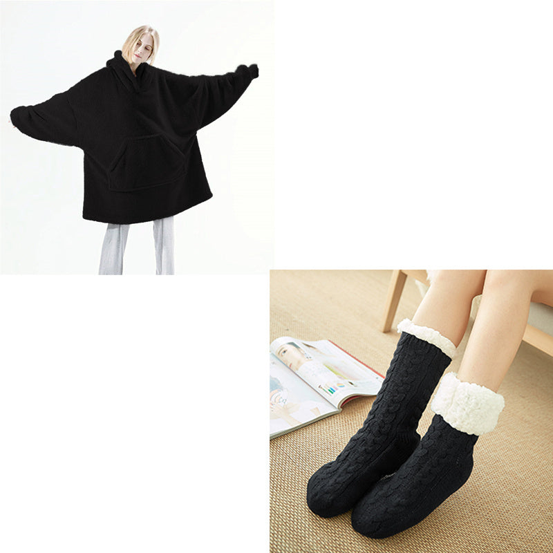 Oversized Unisex Fleece Loose 2-Sided Wearable Hoodie Blanket Sweatshirt w/ Kangaroo Pocket