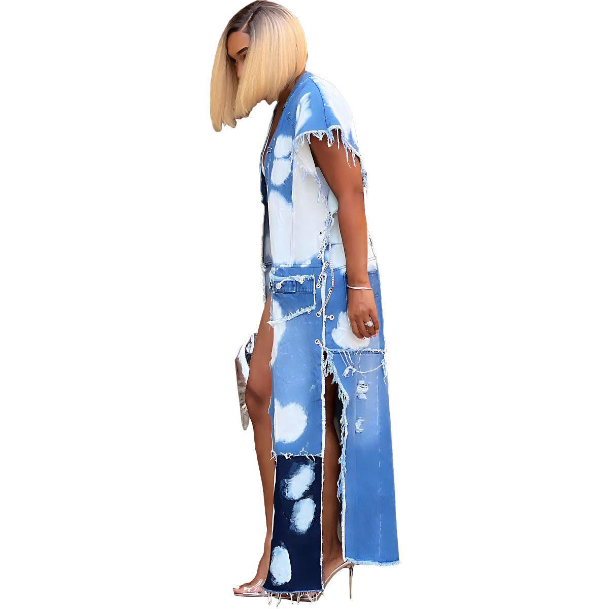 Sleeveless Blue/White Denim Cowhide Print Ripped Tassel Fringe Women's Maxi  Jean Vest
