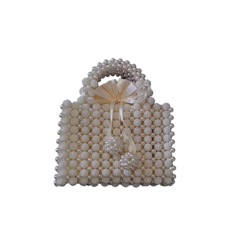 Satin Pearl Beaded Bowknot Decor Square French Niche Hand-Weaved Dinner Satchel Purse