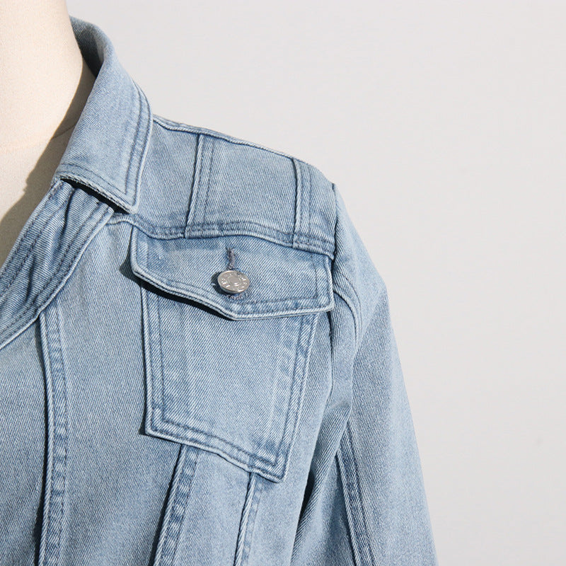 Faded Denim Light Blue Asymmetrical Hollow-Out One Sleeve Women's Irregular Jean Jacket