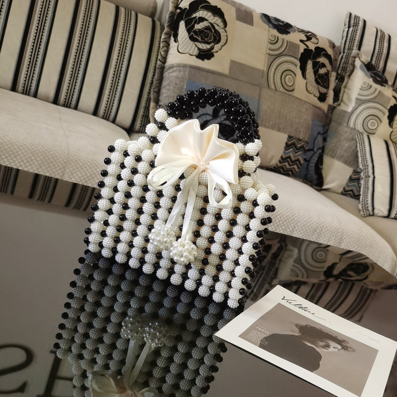 Satin Pearl Beaded Bowknot Decor Square French Niche Hand-Weaved Dinner Satchel Purse