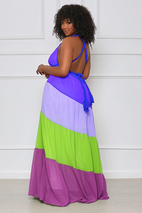 Chiffon Diagonal Colorblock Striped Print Spaghetti Strap V-Neck Maxi Sundress