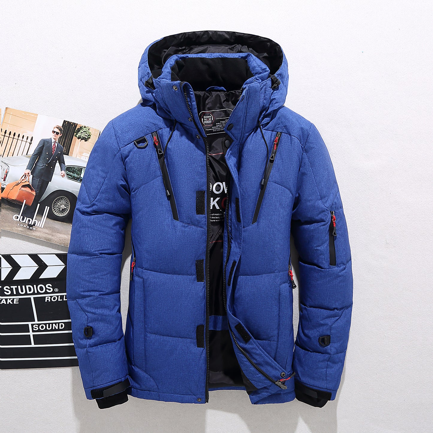 Padded Men's Zipper Patchwork Drawstring Design Detachable Hooded Goose Down Puffer Jacket