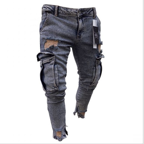 Men's Denim Ripped Hole Pattern Cargo Pocketed Skinny Jeans