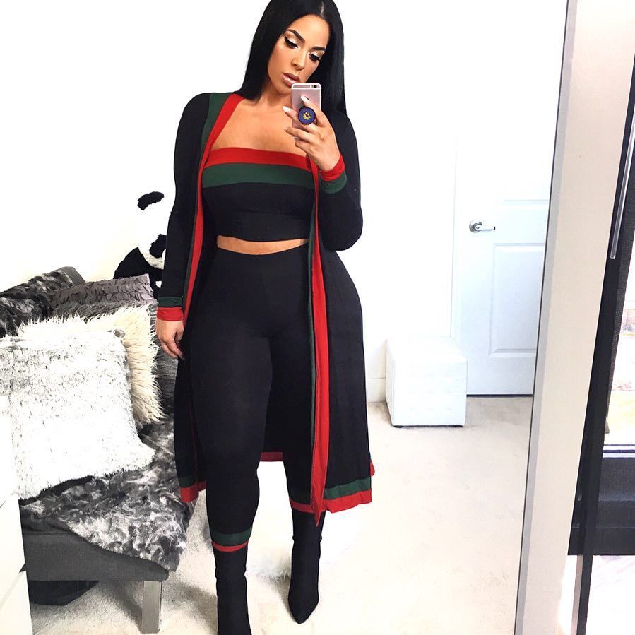 Colorblock Striped Long Sleeve Women's Maxi Cardigan + Tube Crop Top + Leggings 3-Piece Set to 3X Plus Size
