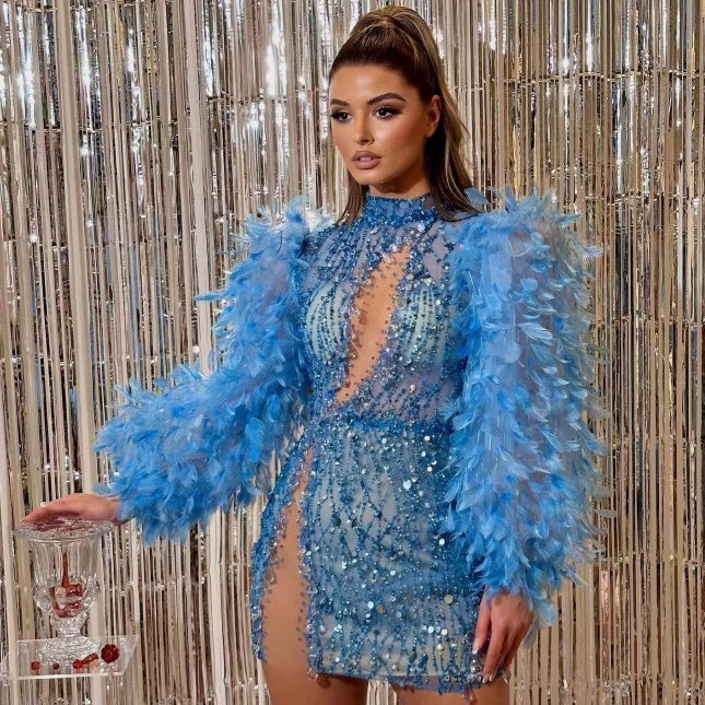 Sequin Light Blue Hollow-Out Feather Embellished Lantern Sleeve High Slit Formal Mini Dress