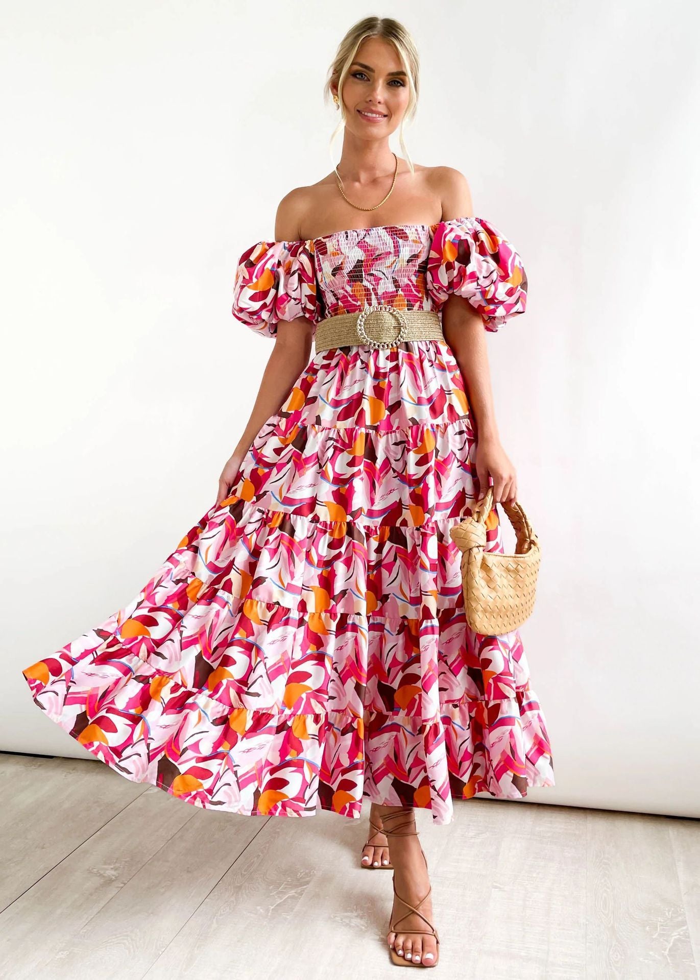 Flower Print Tiered Short Bubble Sleeve High Waist Off-the-Shoulder Bohemian Maxi Dress