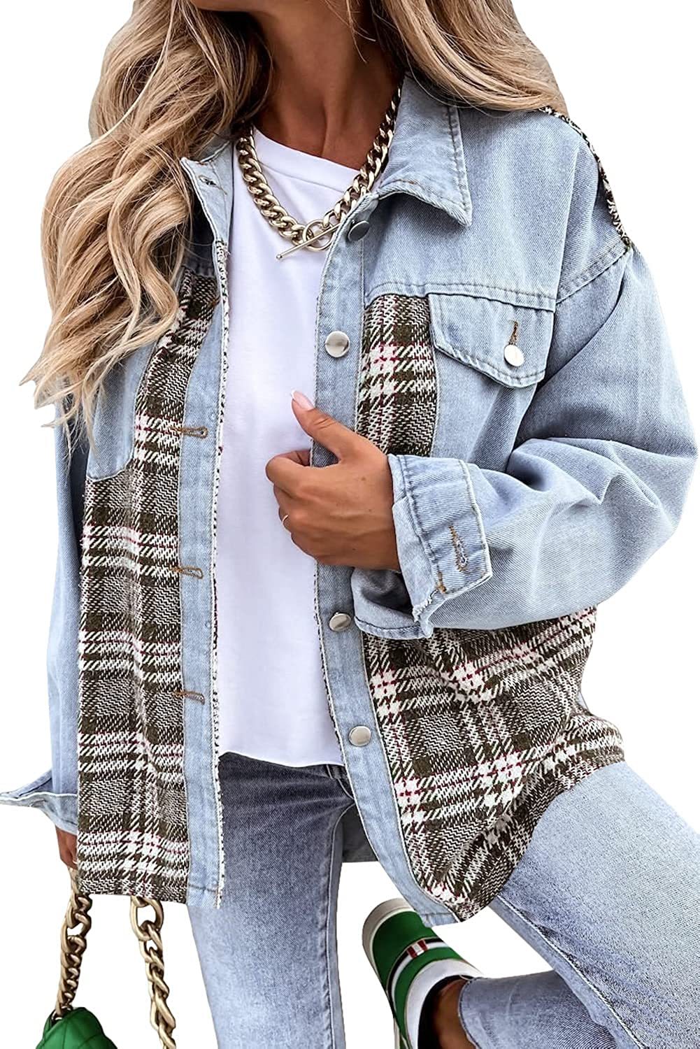 Denim Plaid Colorblock Print Long Sleeve Button-Up Women's Jean Shirt