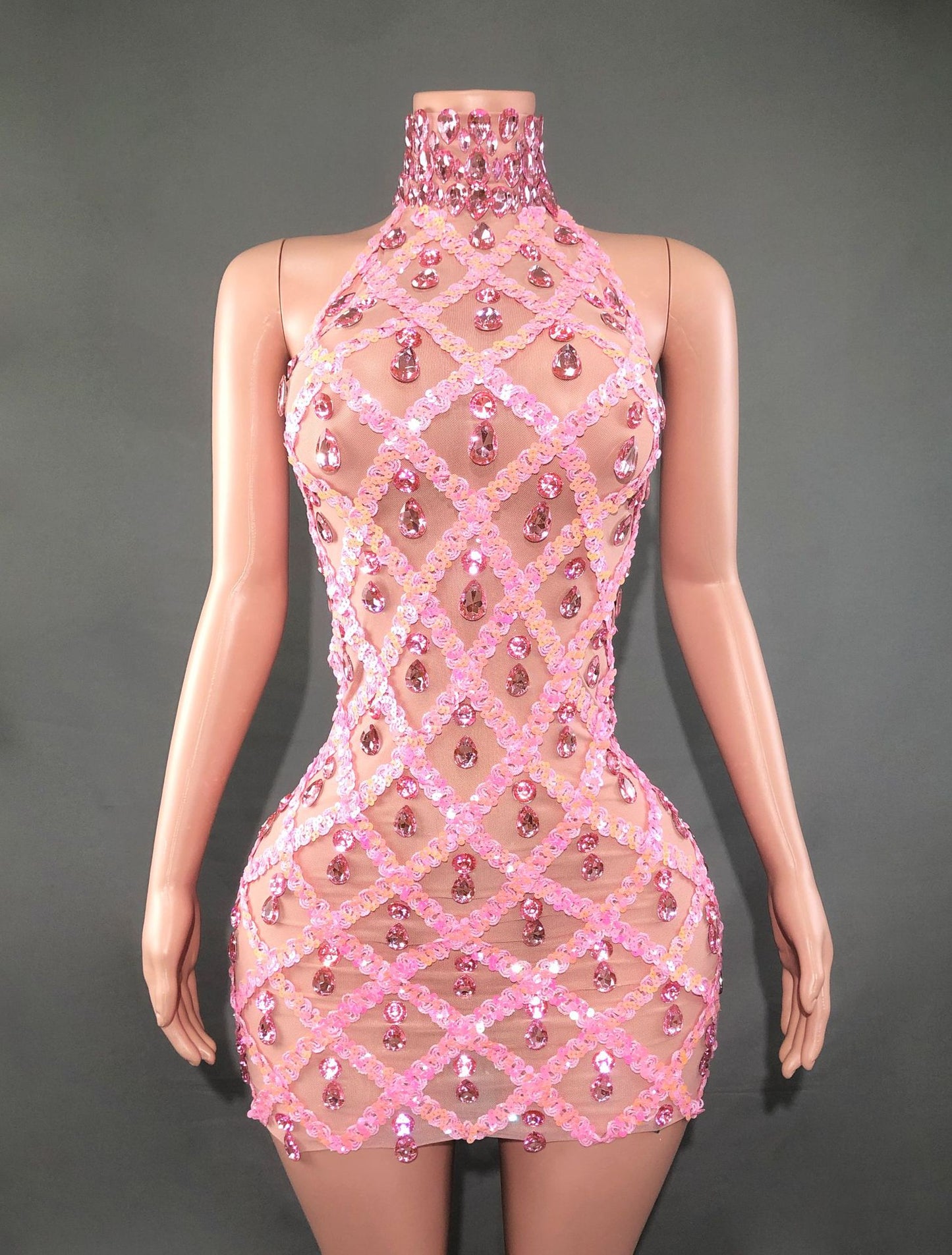 Diamond Sequin Mesh Geometric Hollow-Out Design Sleeveless Mini Zipper Back Formal Mini Dress