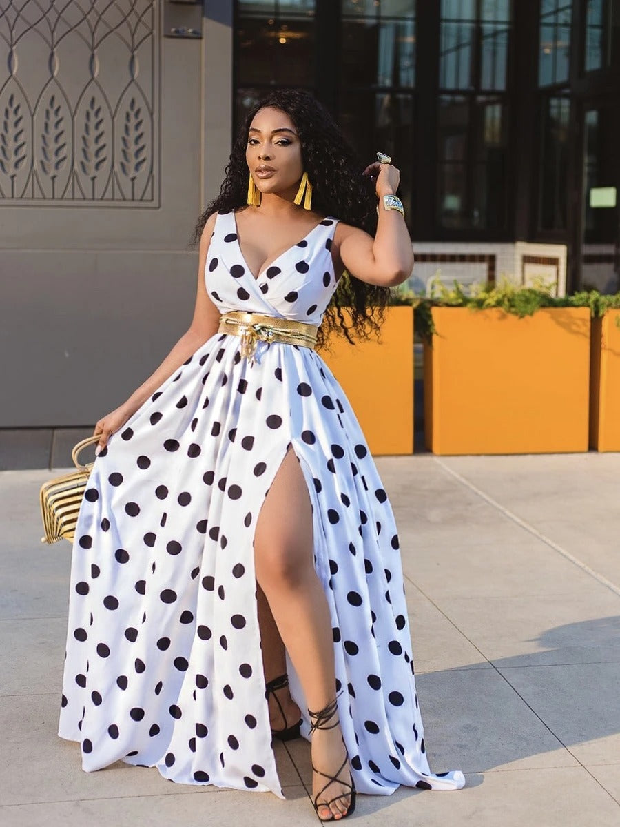 Polka Dot V-Neck Wrapped Sleeveless High Slit Maxi Dress