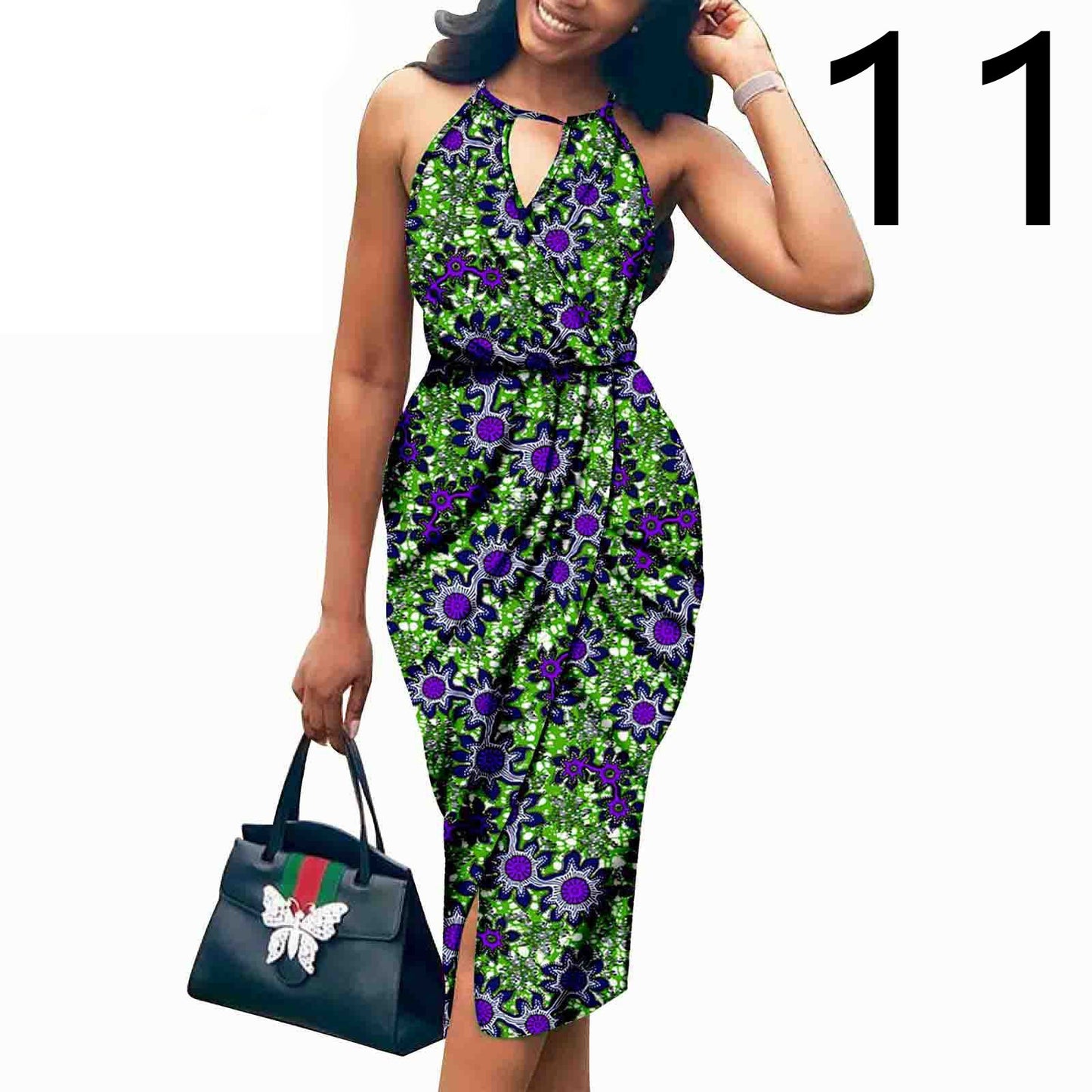African Print Batik Cotton Sleeveless V-Neck Halter Strap Formal Party Dress to 3X Plus Size