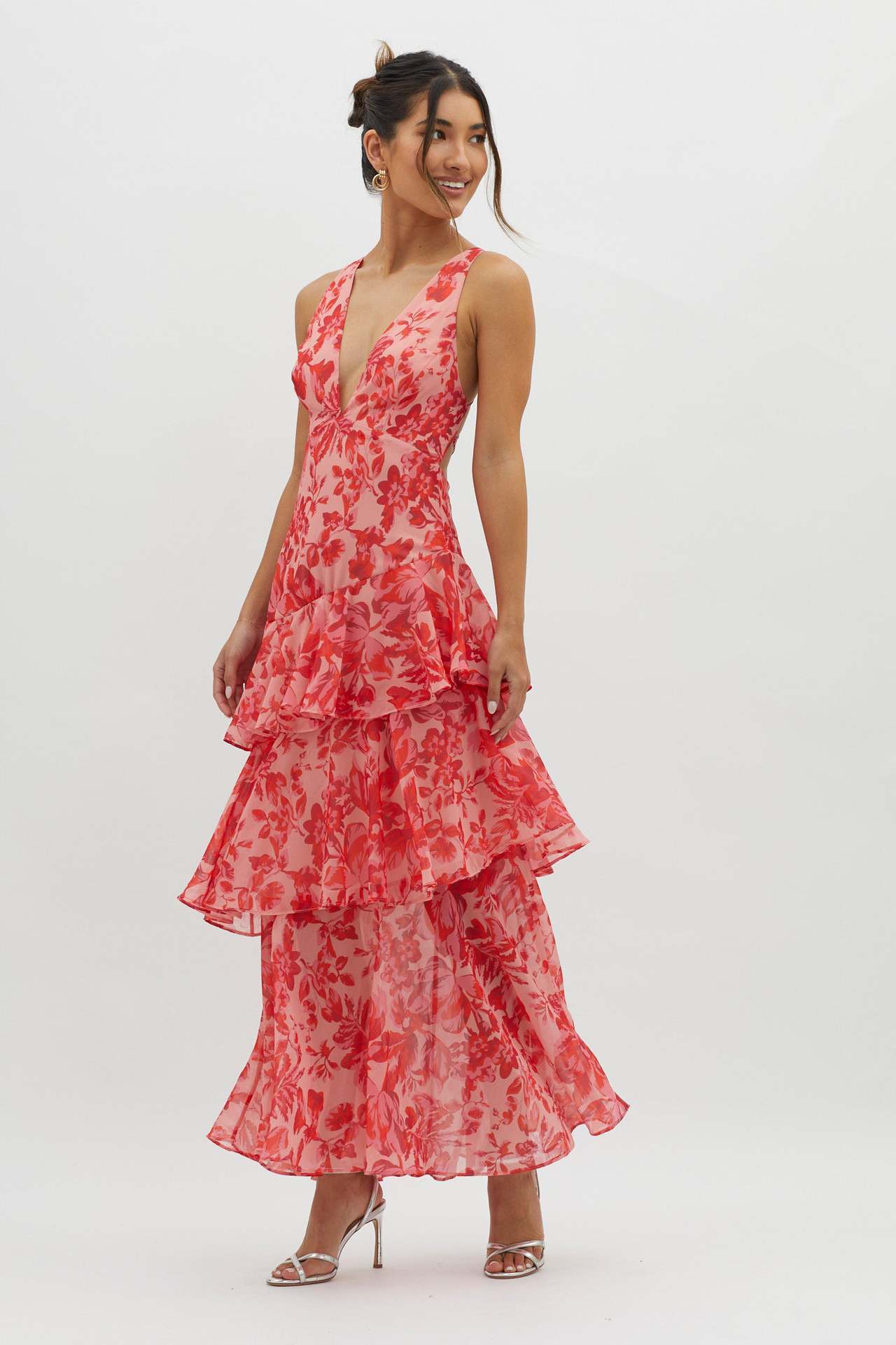 Tiered Sleeveless Floral Print Backless Multi-Layer V-Neck Maxi Dress