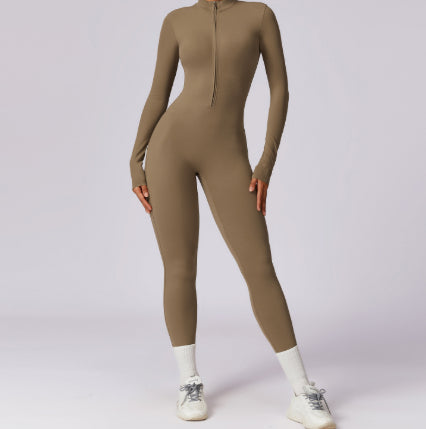 Fleece Lined Yoga Long Sleeve Fitness Zipper Skinny Jumpsuit