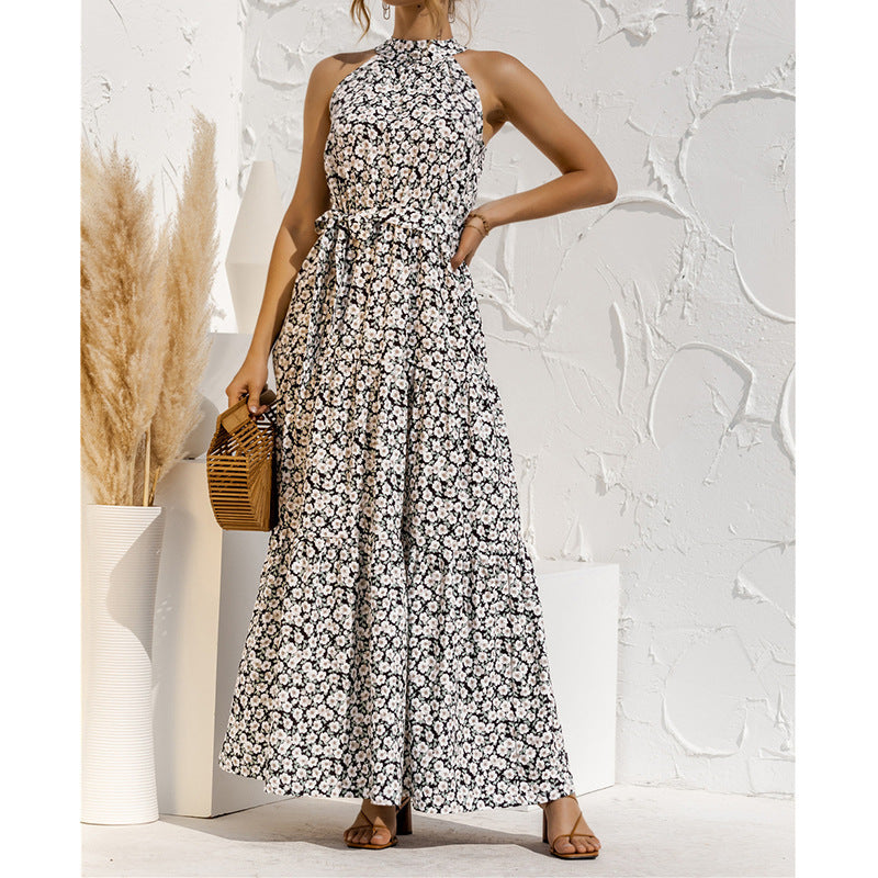 Sleeveless Polka Dot Print Tiered Mock Neck Sash Belt Maxi Dress