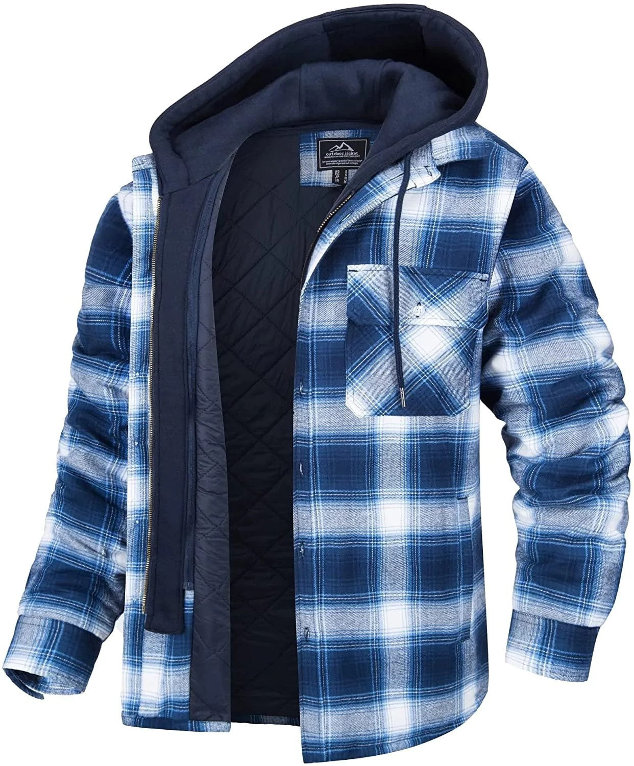 Men's Plaid Pocketed Button Thick Padded Drawstring Layered Zipper Hoodie Jacket