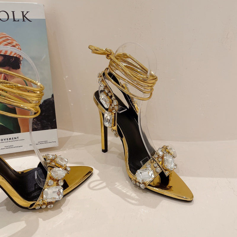 Satin Rhinestone Open Toe Spiral Strap Stiletto Heel Sandal Pumps