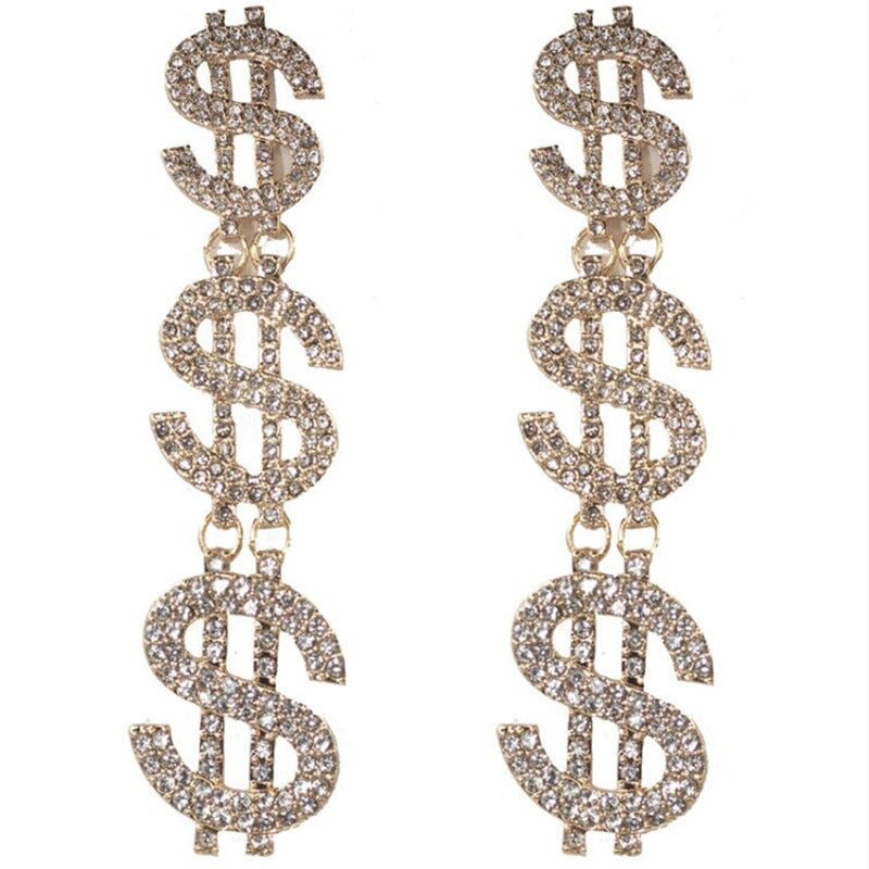 Rhinestone Sparkling Triple Money Sign Symbol Hanging Drop Earrings