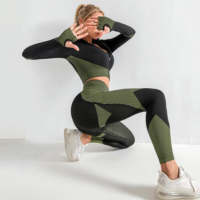 Yoga Gym Colorblock Seamless Sports Bra + Zipper Crop Jacket + Women's Workout Leggings 3-Piece Tracksuit to 4X Plus Size