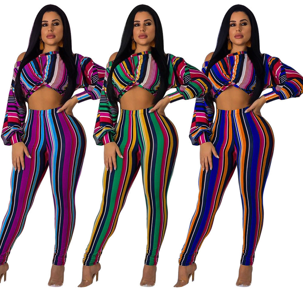 Rainbow Colorblock Striped Print O-Neck Women's Long Sleeve Crop Top + Leggings 2-Piece Set