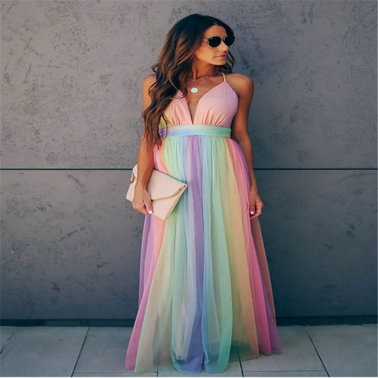 Rainbow Pastel Striped Colorblock Mesh Deep V-Neck Spaghetti Strap Dress to 3X Plus Size