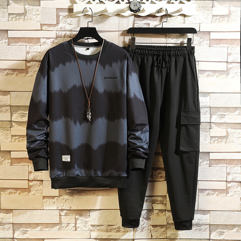 Men's Tie-Dye Striped Long Sleeve O-Neck Sweatshirt + Black Sweatpants Tracksuit to 5X Big & Tall