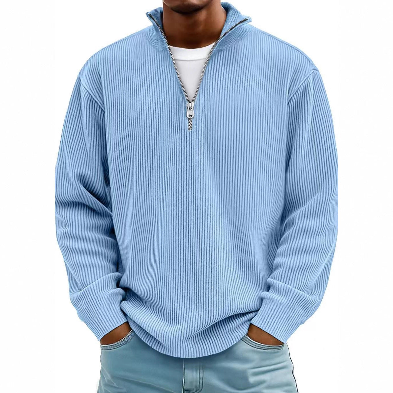 Men's Corduroy Stand Collar Solid Color Long Sleeve Quarter Zip Sweatshirt
