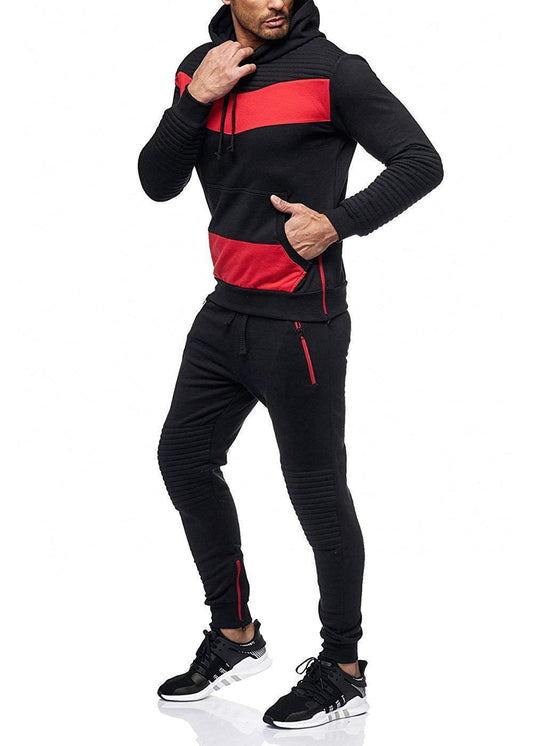 Men's Ribbed Colorblock Patchwork Hoodie Sweatshirt + Drawstring Zipper Pocket Jogger Sweatpants Tracksuit