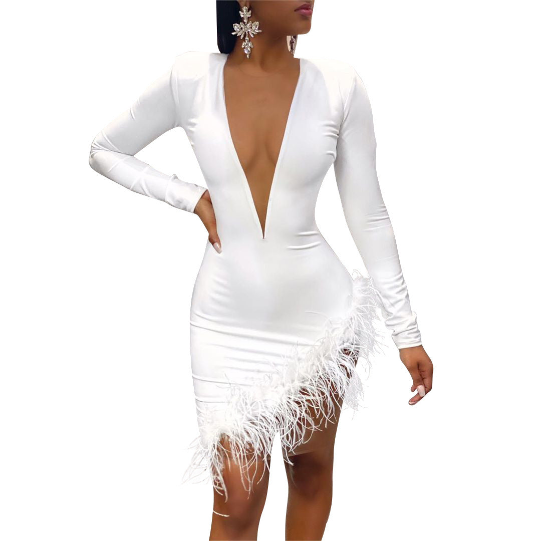 Fashion women's feather mesh patchwork dress