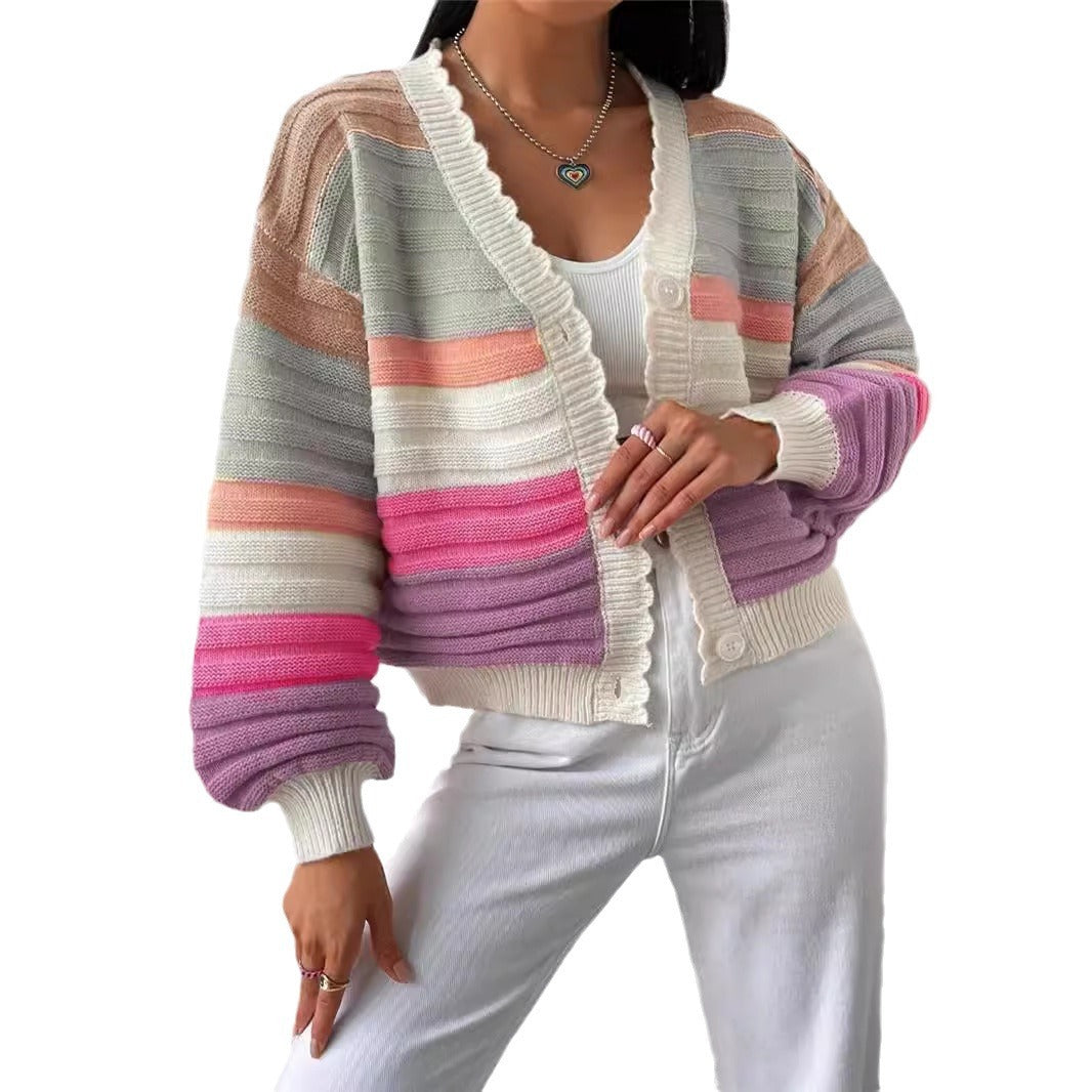 Rainbow Striped Long Lantern Sleeve Knitted Button-Up Cardigan Colorblock Women's Sweater