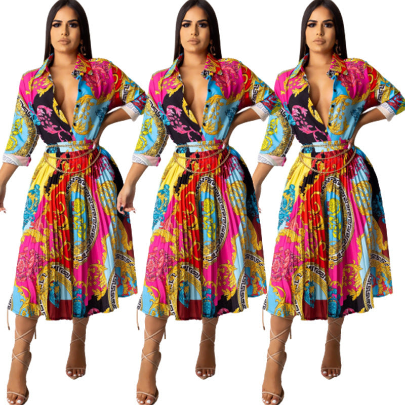 Pleated Baroque Multi-Colored Print Turn-Down Collar Long Sleeve Dress