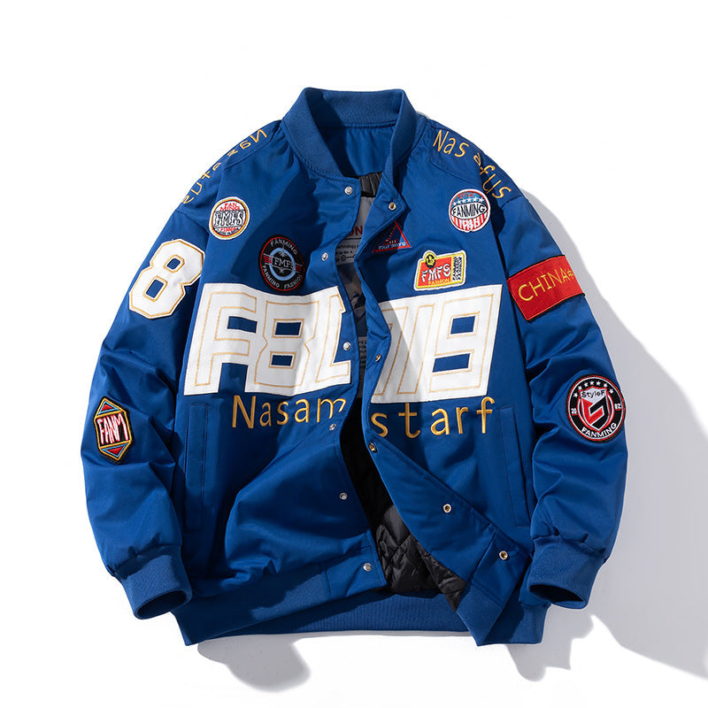 Unisex Patchwork Letter Print O-Neck Zipper Hip-Hop Baseball Bomber Jacket w/ Detachable Hood