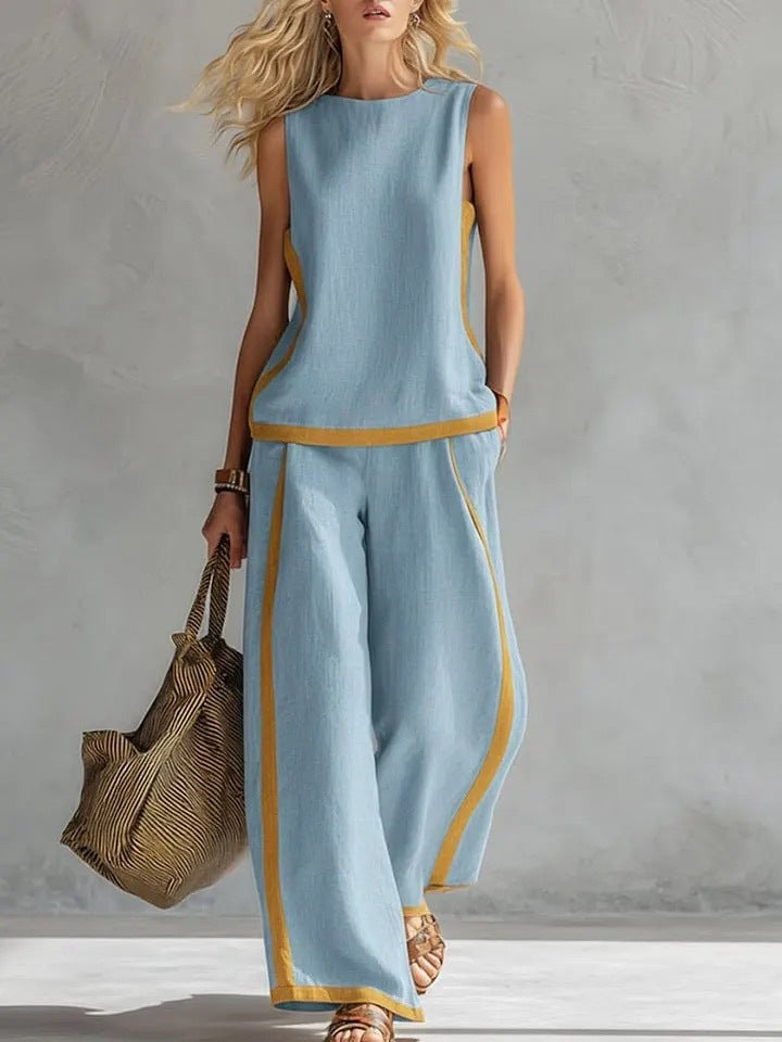 Side Striped Sleeveless Women's Top + High Waist Loose Wide Leg Pants 2-Piece Set to 3X Plus Size