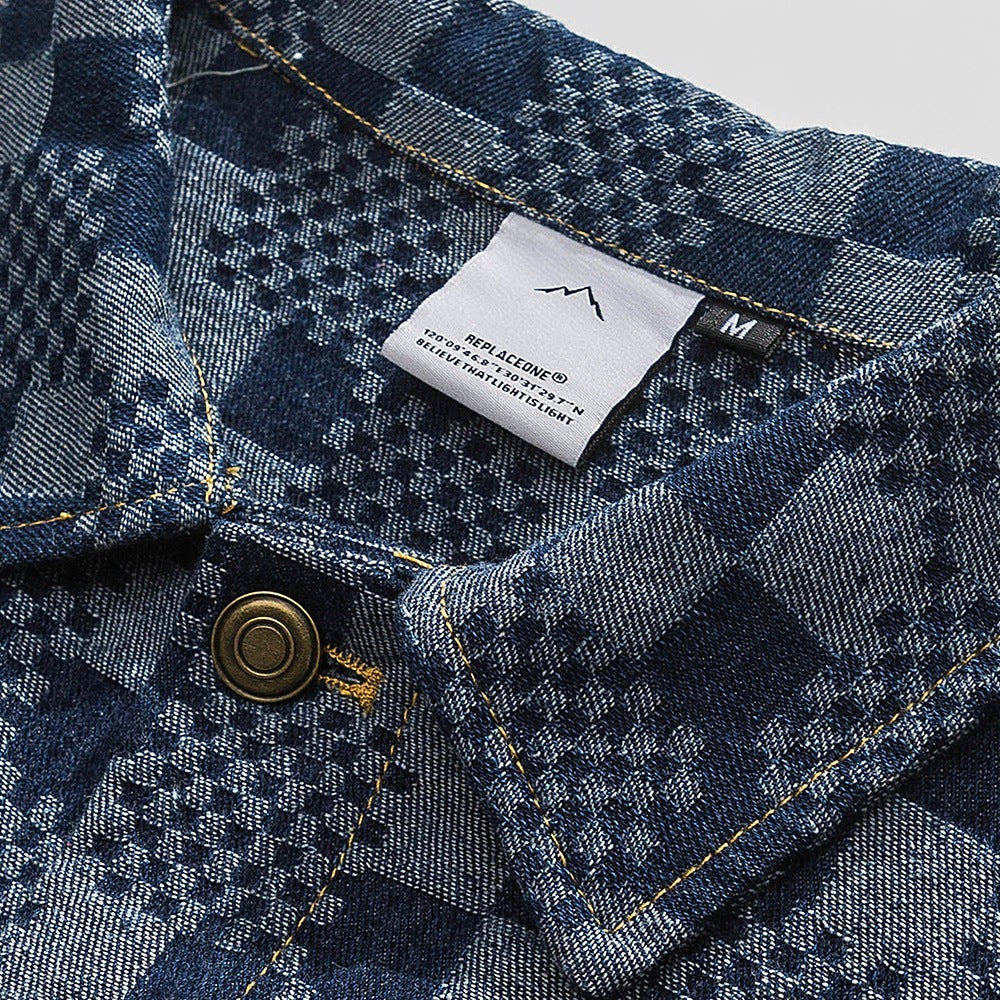 Men's Denim Colorblock Checker Plaid Print Jean Jacket