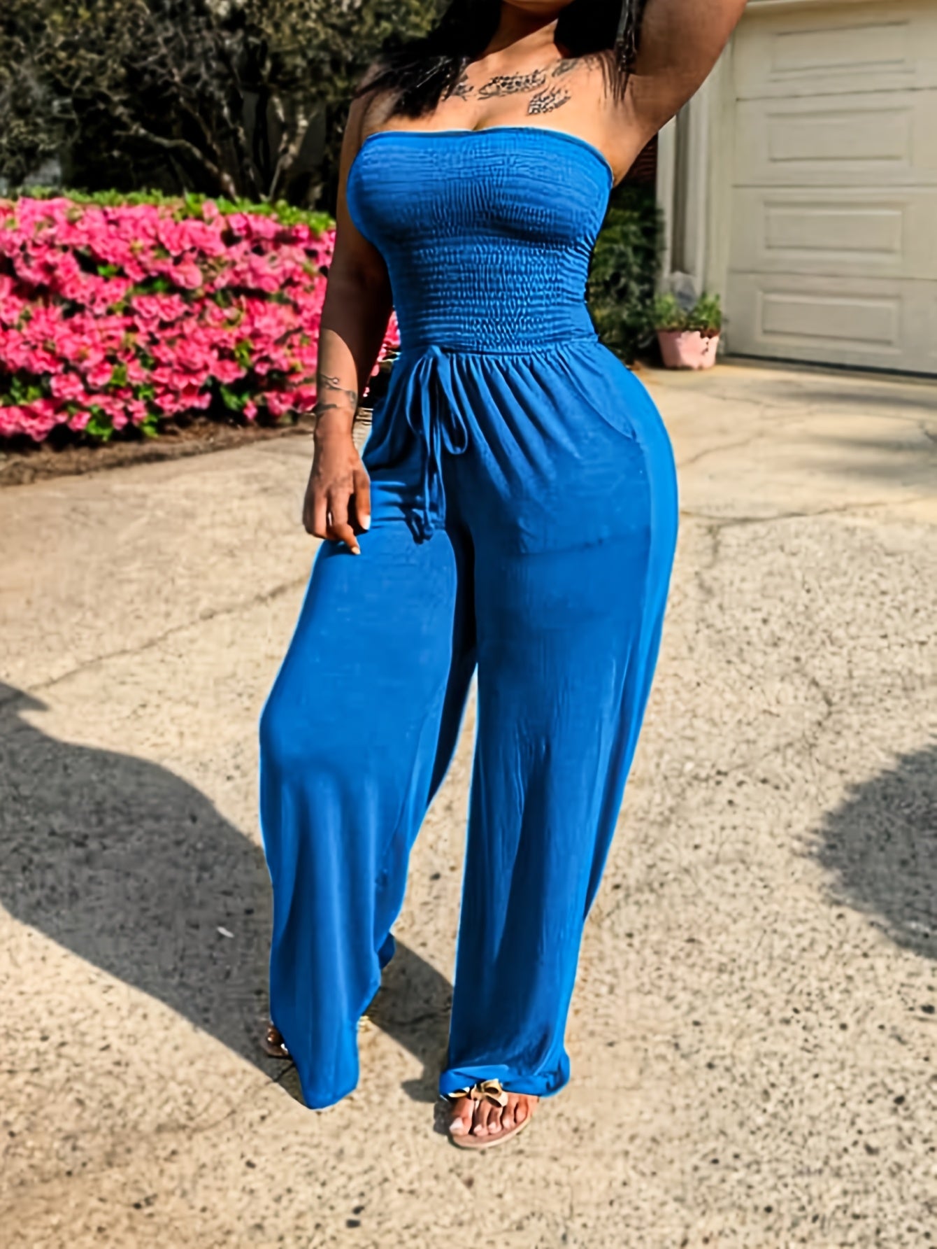 Sleeveless Waffle Pattern Solid Color Sash Belted Women's Tube Top Jumpsuit