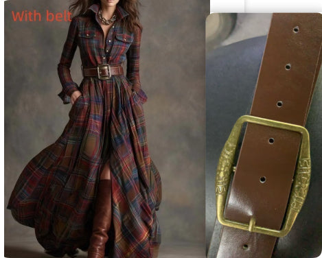 Oversized Plaid Print Long Sleeve Pocketed Turn-Down Collar Button-Up Big Swing Maxi Dress to 4X Plus Size