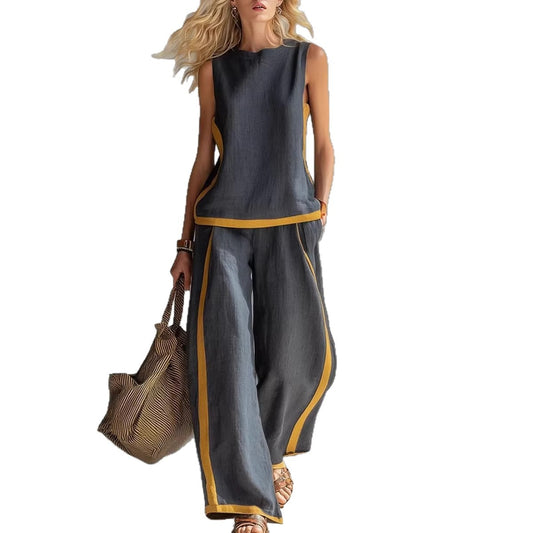 Side Striped Sleeveless Women's Top + High Waist Loose Wide Leg Pants 2-Piece Set to 3X Plus Size
