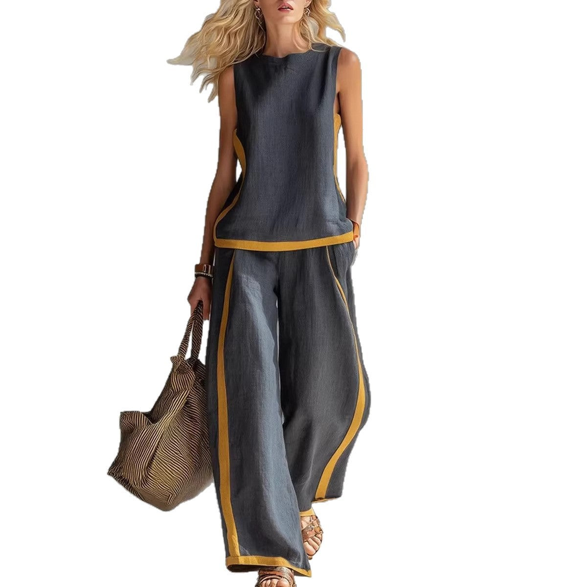 Side Striped Sleeveless Women's Top + High Waist Loose Wide Leg Pants 2-Piece Set to 3X Plus Size