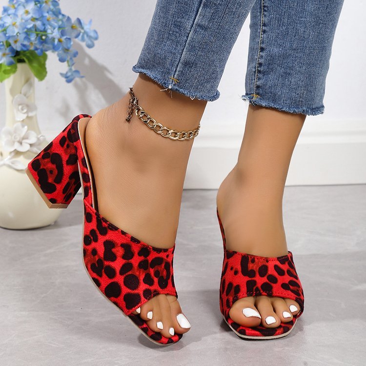 Leopard Print Open Toe Square Chunky Heel Women's Sandals